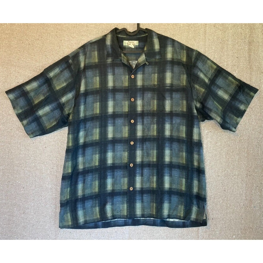 Men's Tommy Bahama Sz Large Black/Green 100% Silk Short Sleeve Shirt Geometric